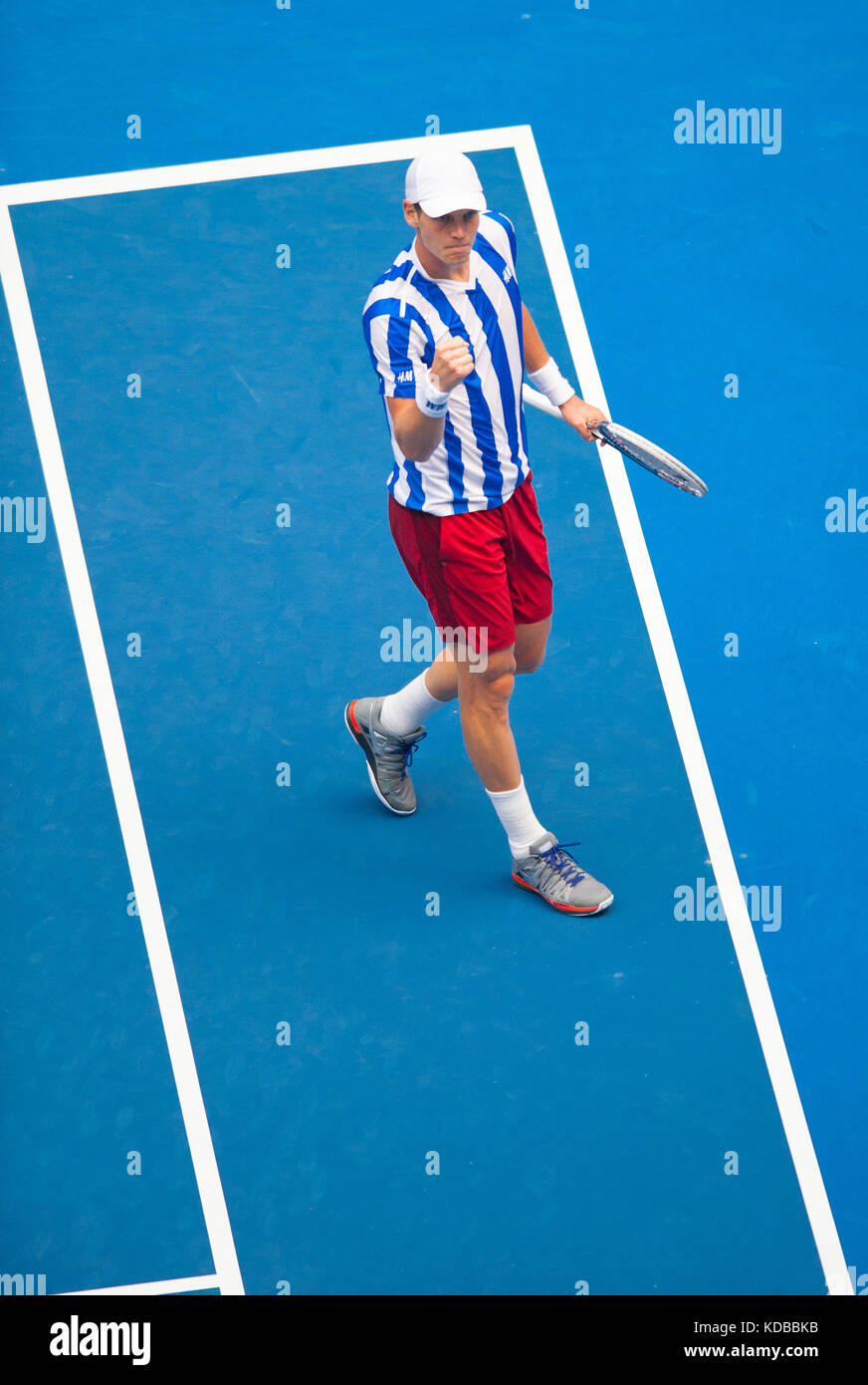 Tomas Berdych suona all'Australian Open 2014. Foto Stock