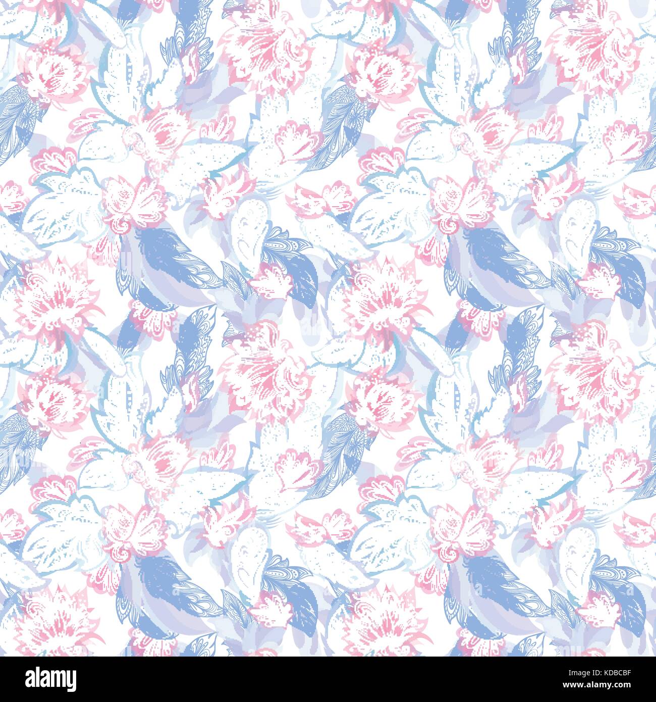 Gara perfetta texture con doodle fiori ornamentali ed elementi tribali in pastello rosa e blu su sfondo bianco Illustrazione Vettoriale