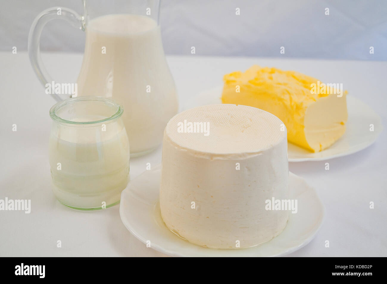 Il settore dei prodotti lattiero-caseari: latte, yogourth, ricotta, burro. Foto Stock