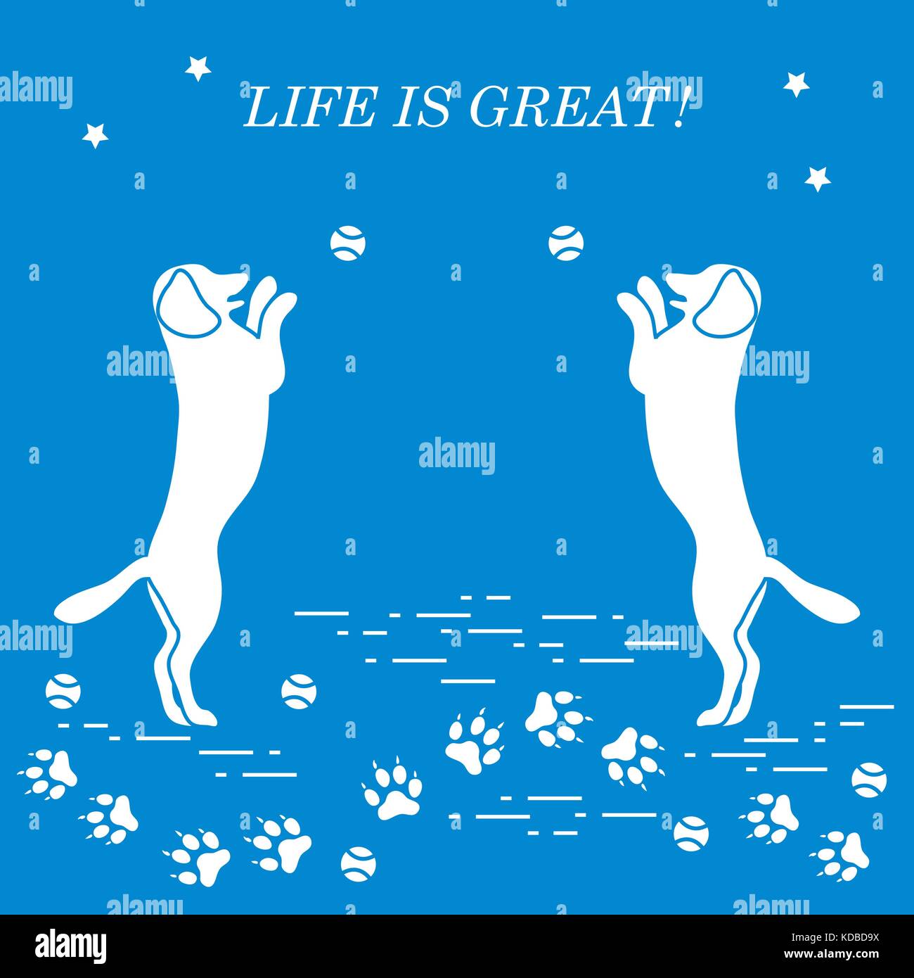 Gioco di pet. sagome di cani di saltare alla palla da tennis sullo sfondo le vie, sfere, stelle. Illustrazione Vettoriale