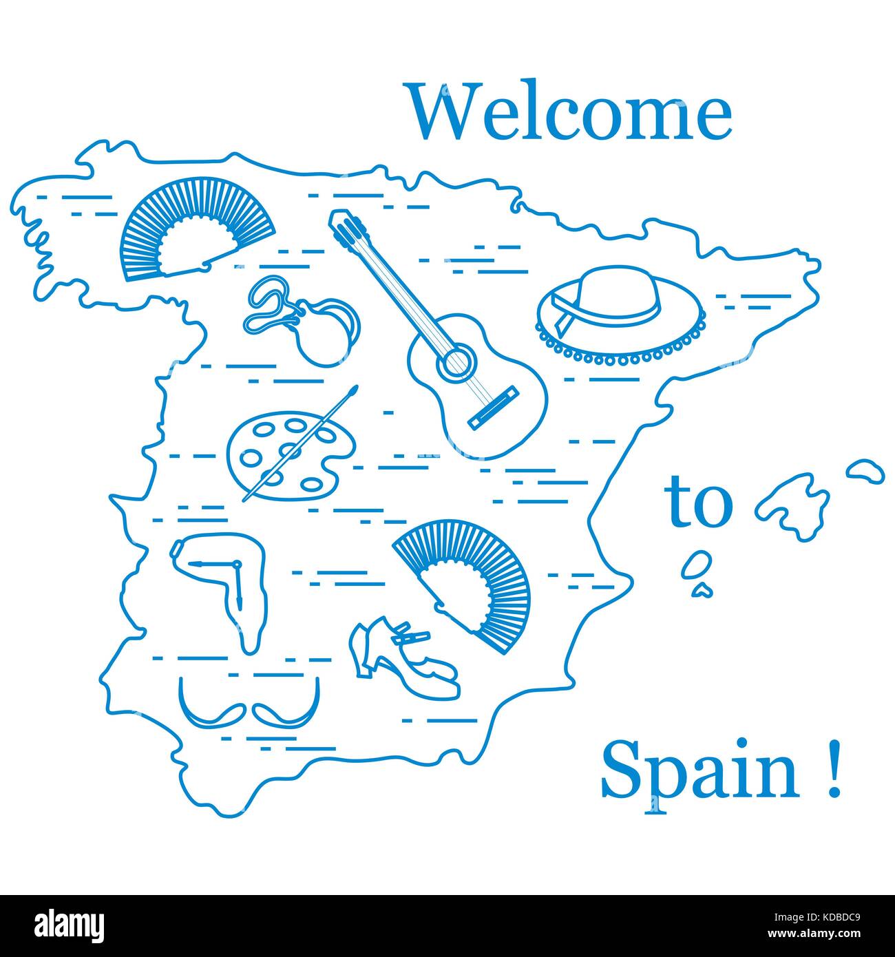 Illustrazione vettoriale con vari simboli di Spagna disposti in un cerchio. viaggi e tempo libero. design per banner, poster o di stampa. Illustrazione Vettoriale