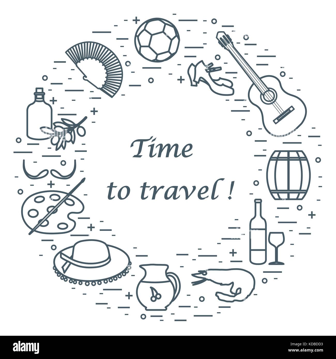 Illustrazione vettoriale con vari simboli di Spagna disposti in un cerchio. viaggi e tempo libero. design per banner, poster o di stampa. Illustrazione Vettoriale