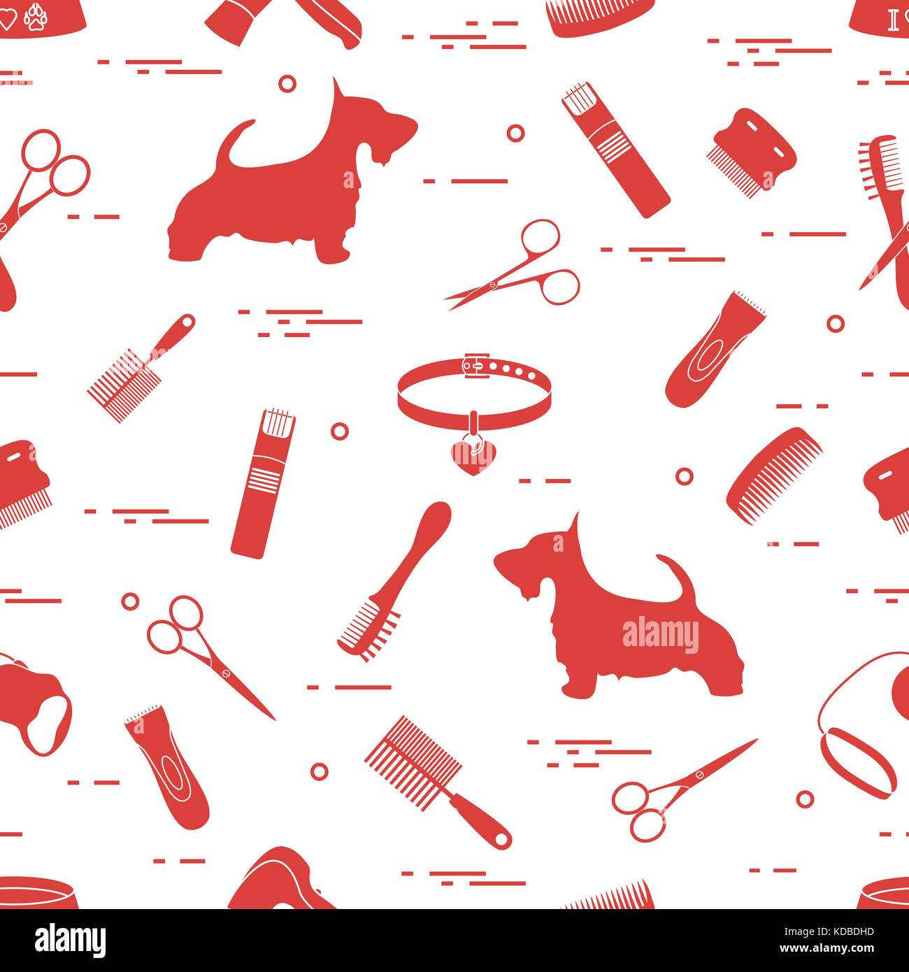 Modello con il cane, pettini, collare, guinzaglio, rasoio, asciugacapelli, ciotola, forbici. health care, toelettatura, prendersi cura di un cane, mostra. Illustrazione Vettoriale