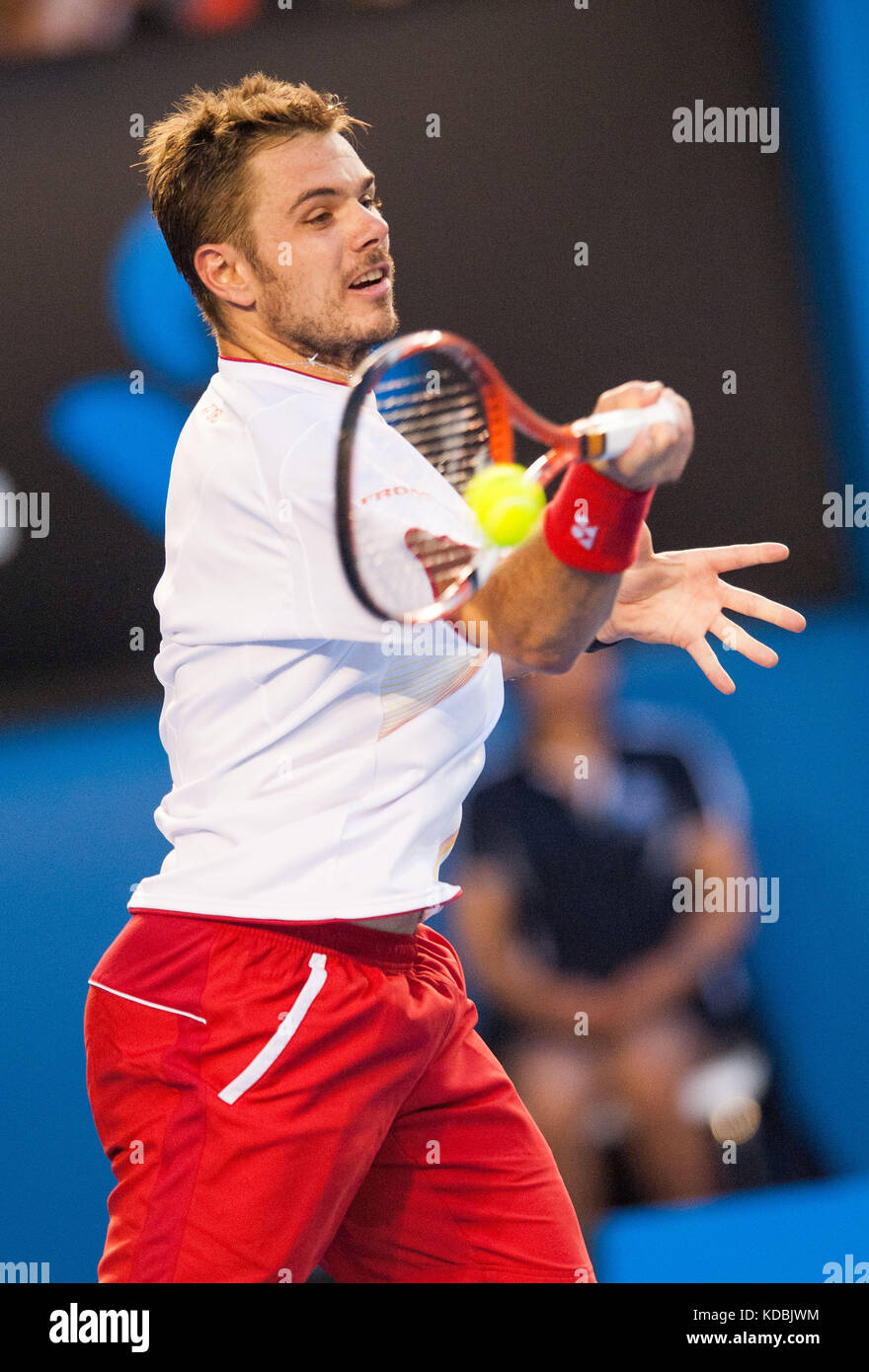 Stanislaus Wawrinka della Svizzera ha sconfitto il giocatore numero uno al mondo, R. Nadal, in Spagna, per rivendicare il campione di singolare degli Australian Open Men's 2014 Foto Stock