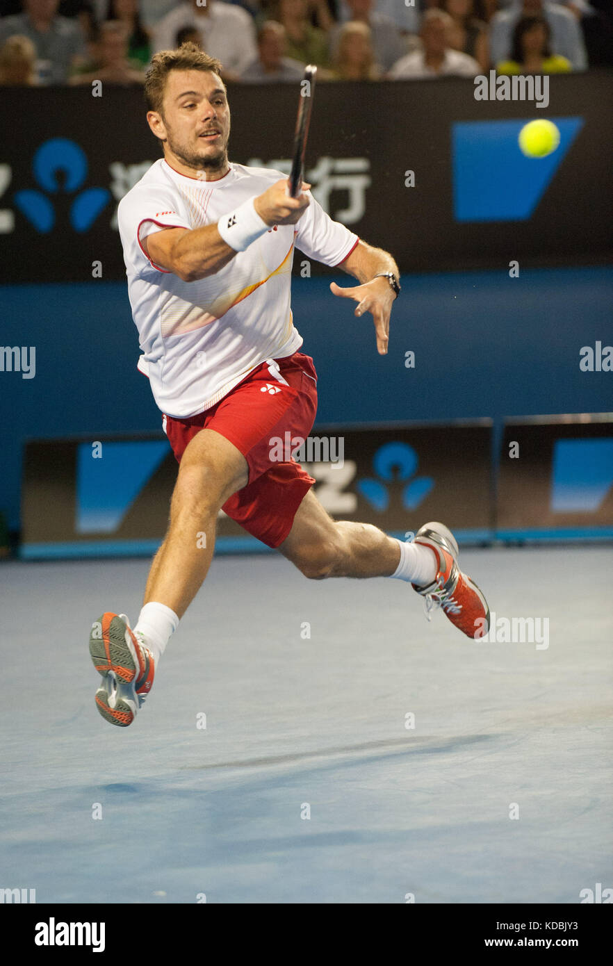 Stanislaus Wawrinka della Svizzera ha sconfitto il giocatore numero uno al mondo, R. Nadal, in Spagna, per rivendicare il campione di singolare degli Australian Open Men's 2014 Foto Stock