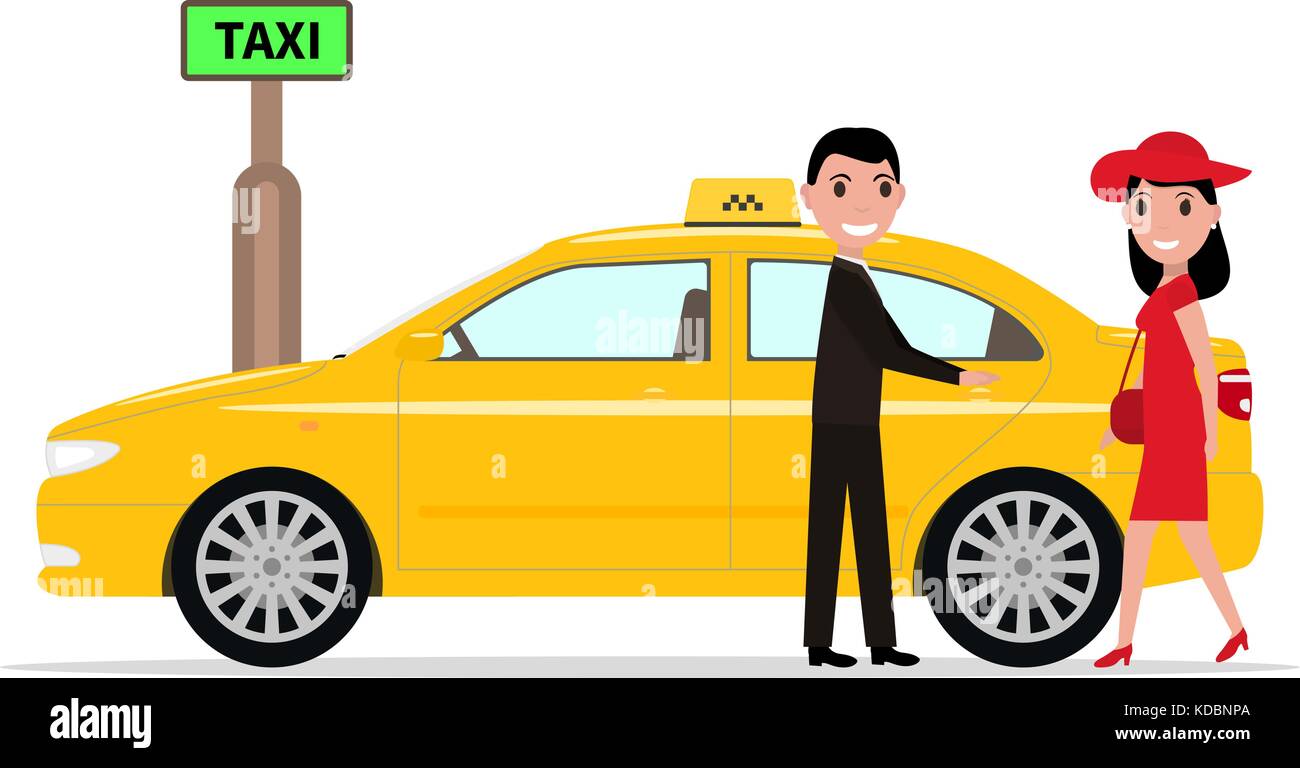 Uomo di vettore taxi passeggeri aiuta la donna porta aperta Illustrazione Vettoriale