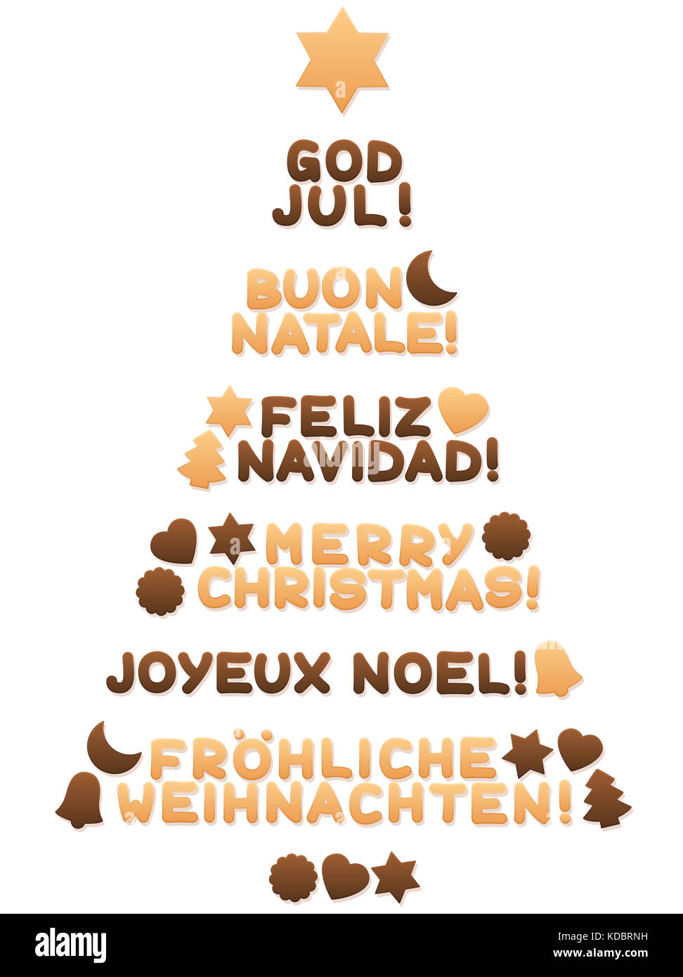 Biscotti che formano un albero di natale e desiderano BUON NATALE in spagnolo, inglese, svedese, italiano, francese e tedesco parole. Foto Stock
