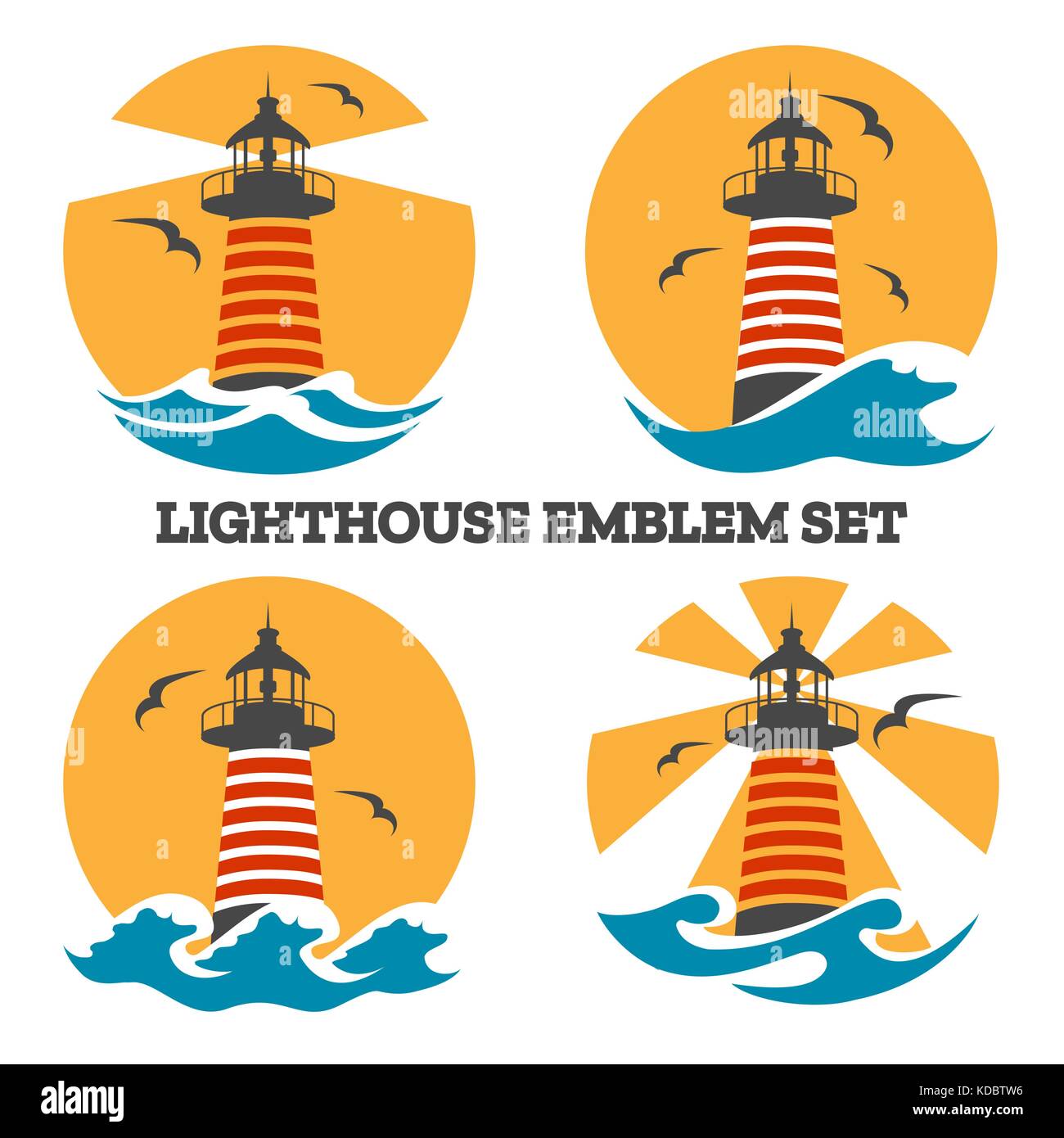 Faro colorato emblema impostato con le onde del mare e gabbiani. illustrazione vettoriale Illustrazione Vettoriale