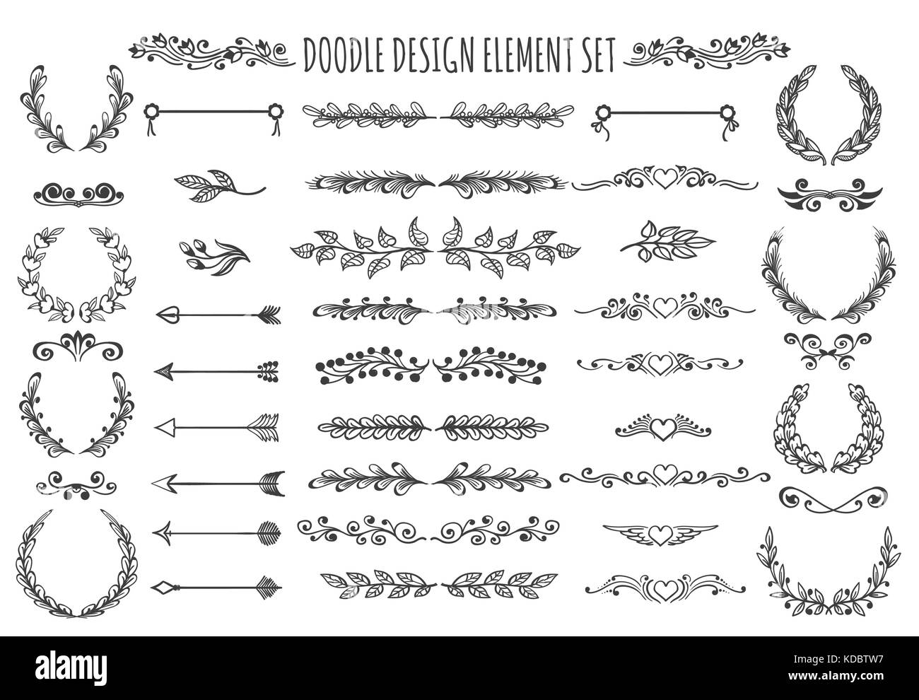 Set di doodle gli elementi di design. disegnati a mano frecce, corone, divisori, intestazioni di cuori e di altri elementi floreali per ypur design. illustrazione vettoriale. Illustrazione Vettoriale