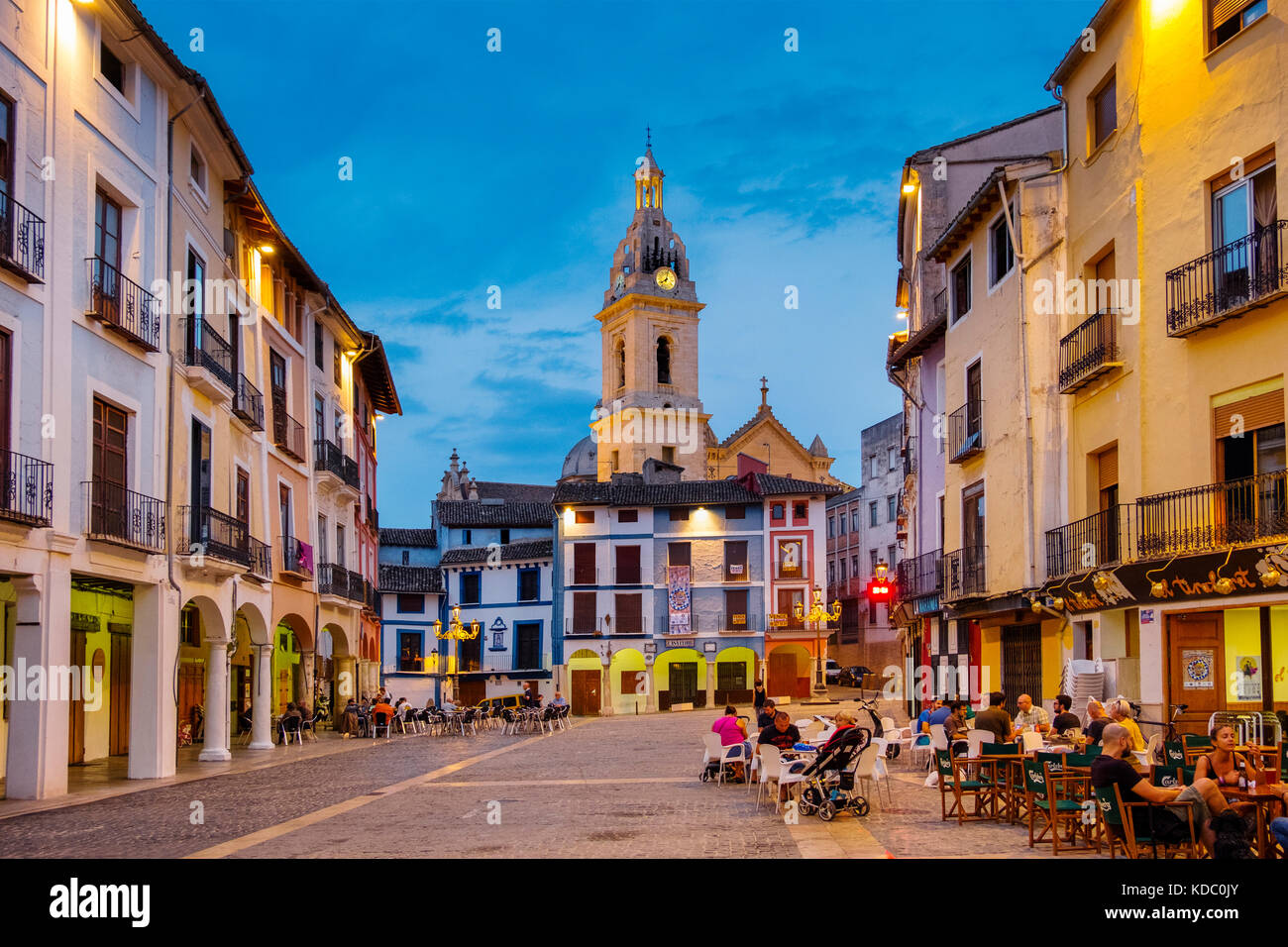 El Cid strada. Campanile Collegiata Basilica di Santa Maria, la Seu. Plaza del Mercado. Xativa. Provincia di Valencia. Comunidad Valenciana. Spagna Europa Foto Stock