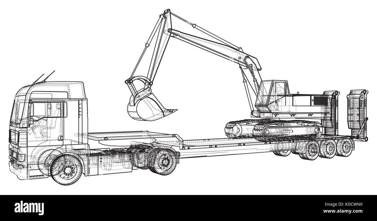 Letto basso camion rimorchio e escavatore. filo-telaio. eps10 formato. vettore creati di 3d Illustrazione Vettoriale