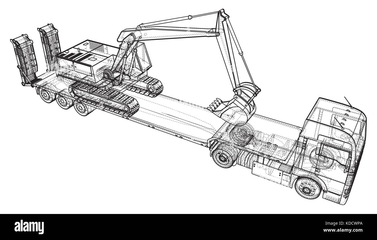 Letto basso camion rimorchio e escavatore. filo-telaio. eps10 formato. vettore creati di 3d Illustrazione Vettoriale