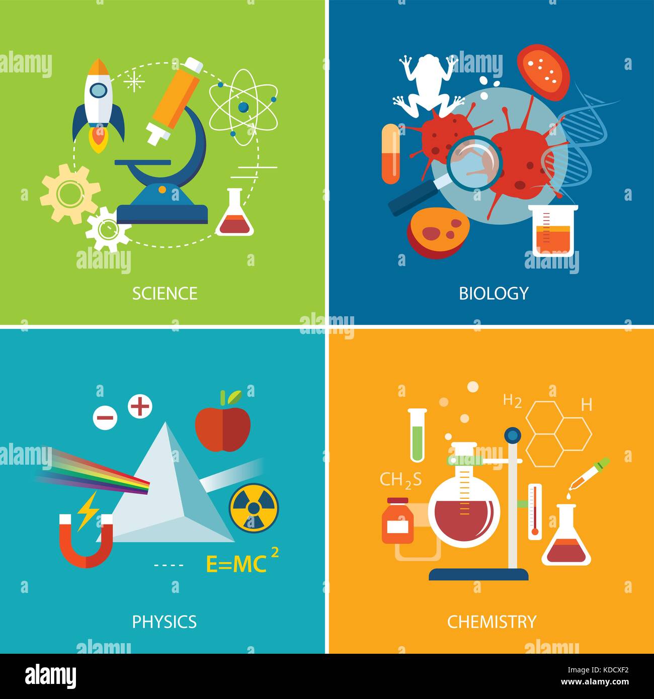 Il concetto di scienza ,fisica ,chemistry, biologia design piatto Illustrazione Vettoriale