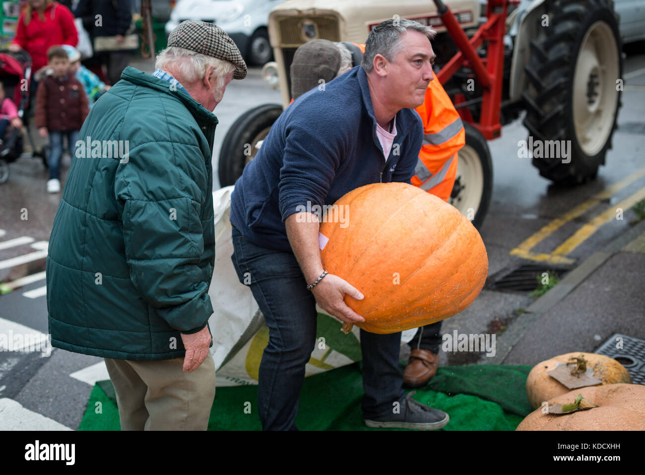 Dopo aver pesato un uomo fa fatica a tenere una grande zucca come egli ritorna all'area di visualizzazione in zucca annuale pesare a Steyning agricoltori M Foto Stock