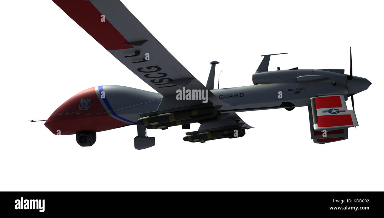 Mq-1C drone militare Gray Eagle. Vista dal basso. rendering 3d. Sfondo isolato. Foto Stock