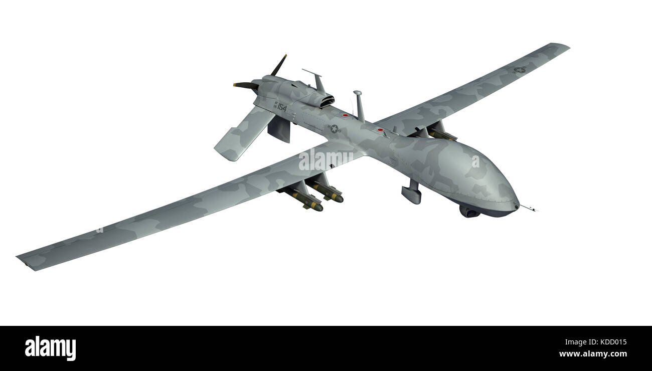 Mq-1C drone militare Gray Eagle. Camuffamento grigio. rendering 3d. Sfondo isolato. Foto Stock