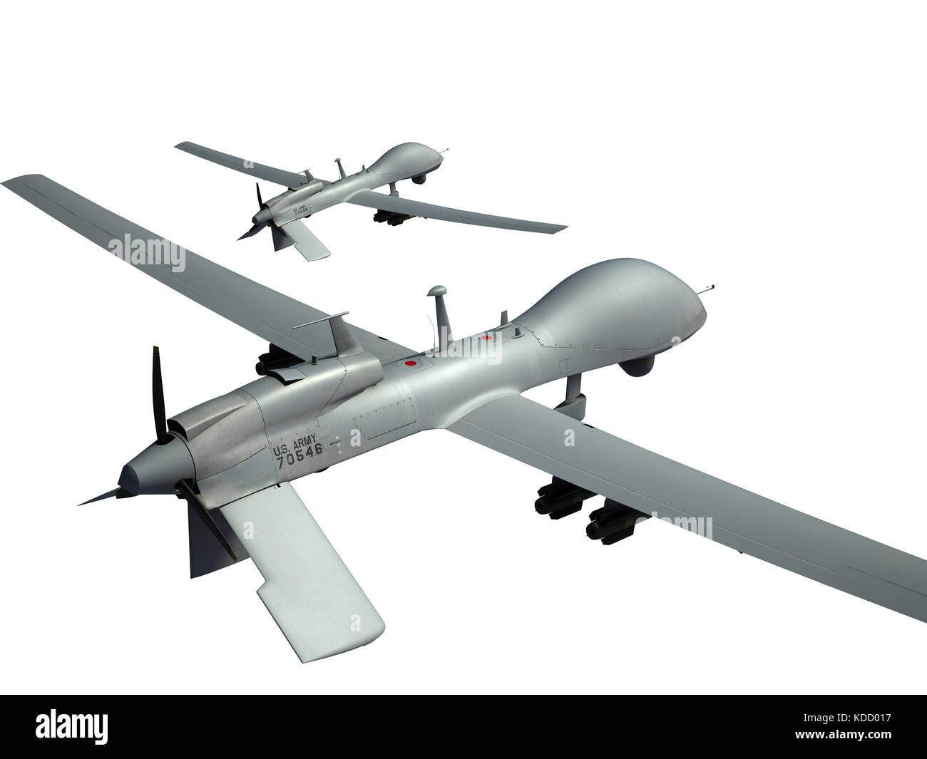 Due droni militari mq-1C Gray Eagle. rendering 3d. Sfondo isolato. Foto Stock