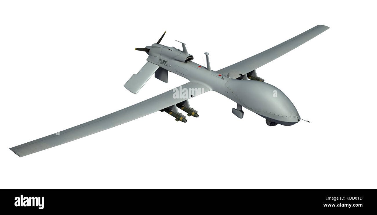 Mq-1C drone militare Gray Eagle. Vista laterale dall'alto. rendering 3d. Sfondo isolato. Foto Stock