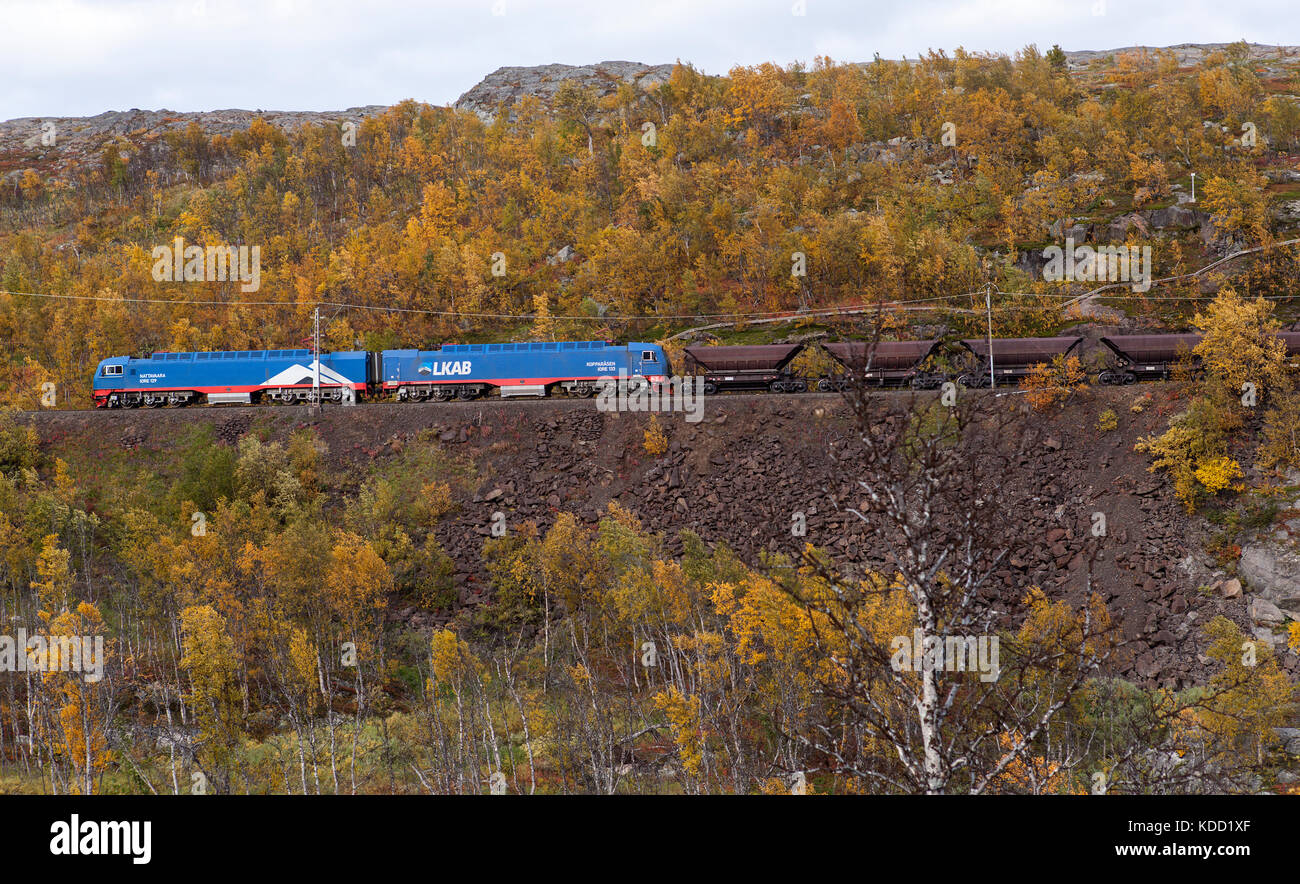 Linea di minerale, Norvegia il 14 settembre 2017. vista di un minerale di ferro il treno si sposta giù per il pendio della montagna verso narvik. uso editoriale. Foto Stock