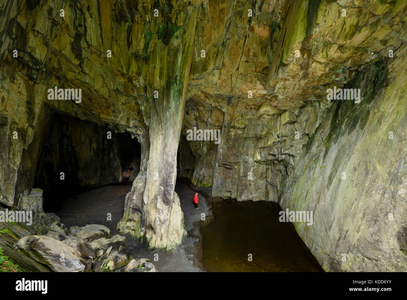 Visitatore sopraffatte dalla Grotta della cattedrale, Cattedrale cava, poco Langdale, Lake District, Cumbria Foto Stock