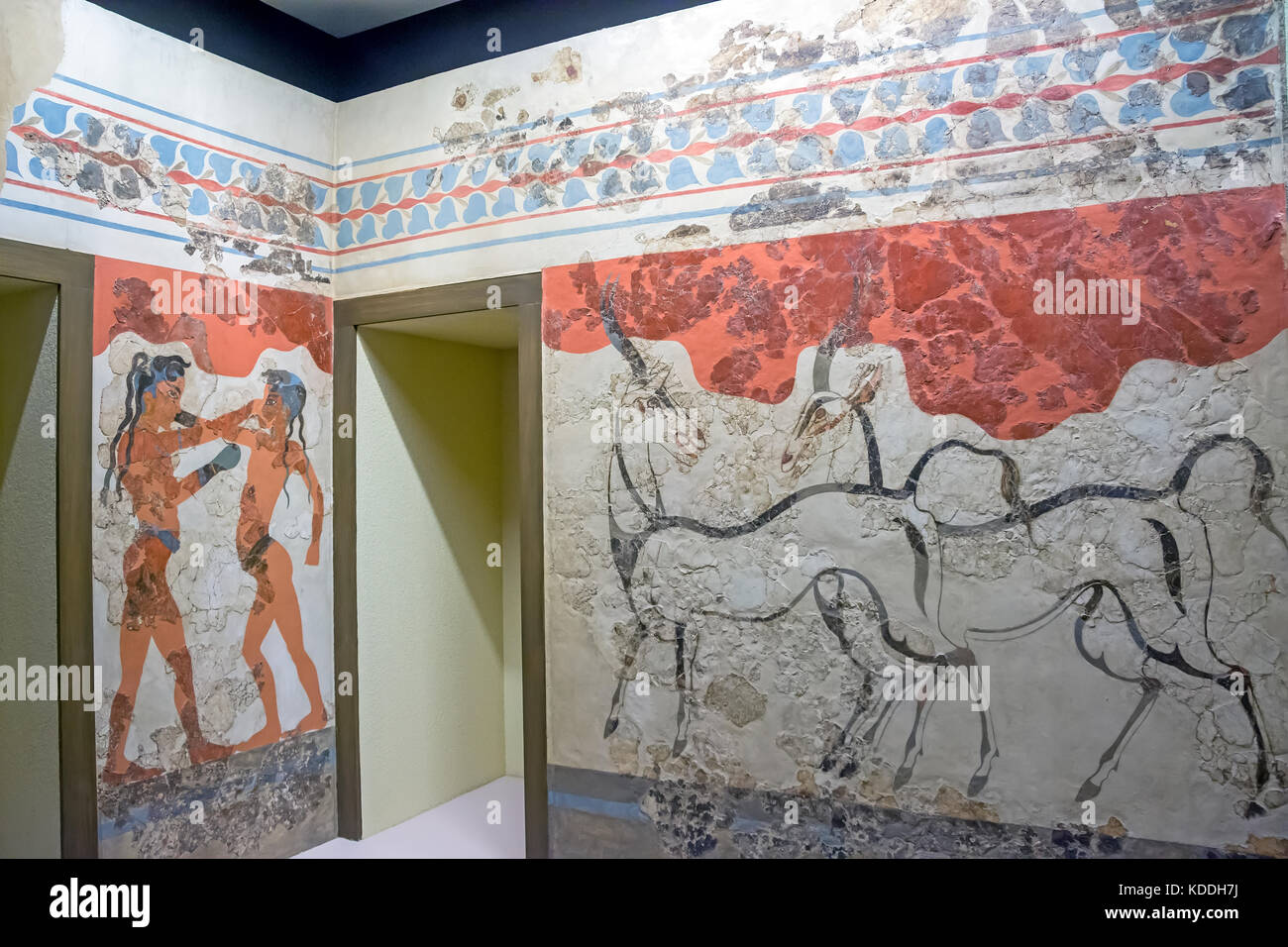 Akrotiri affreschi murali di ragazzi di boxing e antelolpe Atene Museo Archeologico Nazionale display Foto Stock
