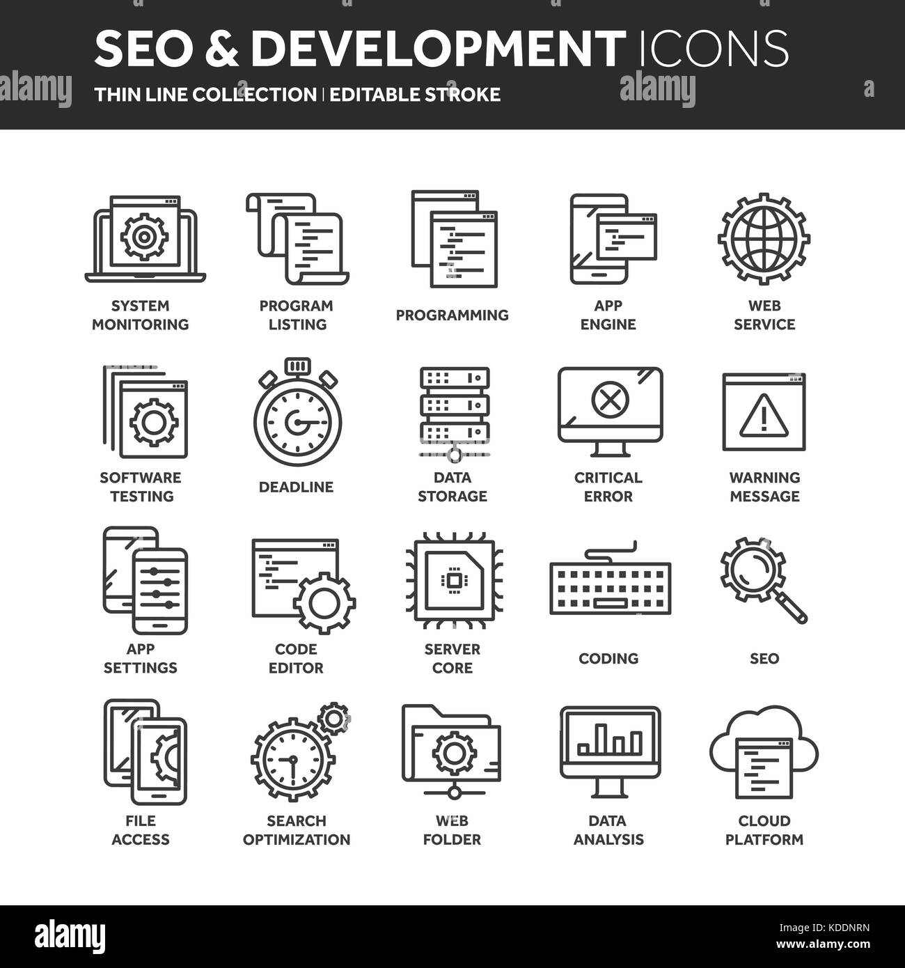 Seo e sviluppo app. search engine optimization. internet, e-commerce.thin line web icon set. Delineare raccolta di icone. illustrazione vettoriale. Illustrazione Vettoriale