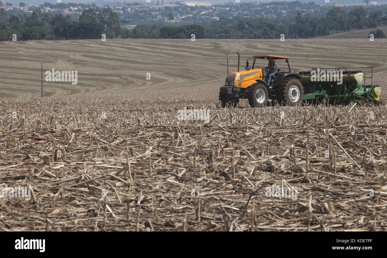 CAMPO Mourão, PR - 13.10.2017: TEMPO SECO FAVORECE PLANTIO DE SOJA NO PR - con più piogge previste per i prossimi giorni, gli agricoltori di campo Mourão, nella regione centro-occidentale di Paraná, hanno approfittato del clima secco per accelerare la piantagione di soia nelle aziende agricole. In una sola settimana, piove circa 230 mm a campo Mourão. Nella foto, i piantatori seminano soia in proprietà rurali a campo Mourão. (Foto: Dirceu Portugal/Fotoarena) Foto Stock