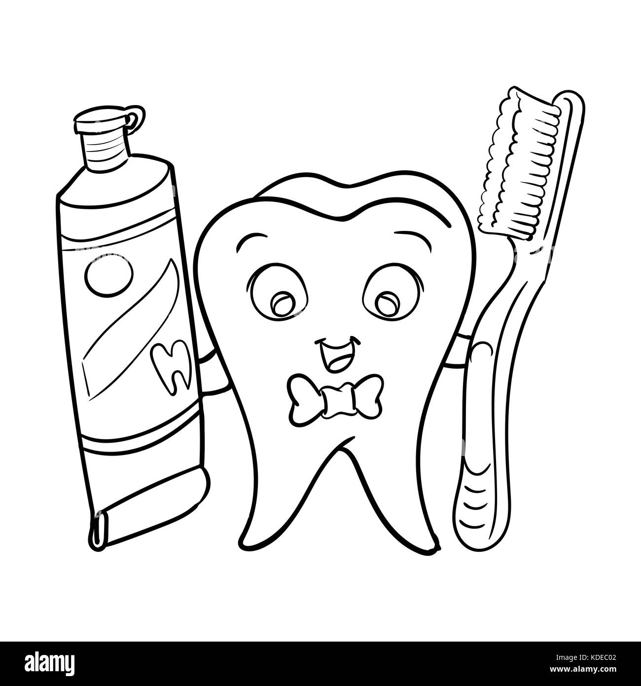 Cartoon smiley dente dentale dente di ritegno incolla e spazzolino da denti-vector character design. Illustrazione Vettoriale