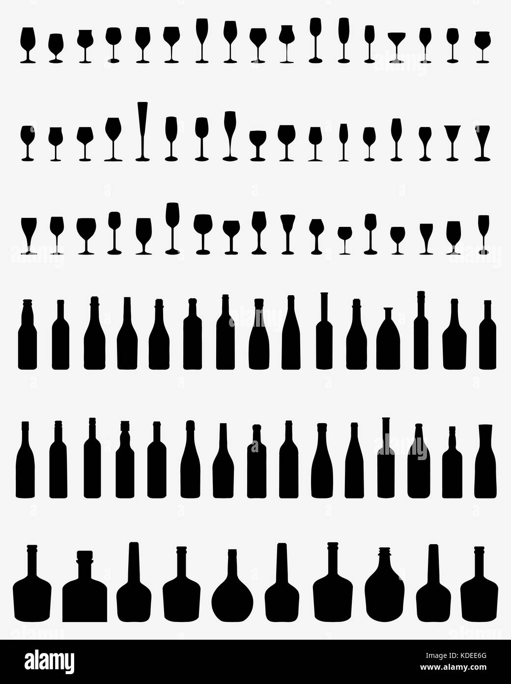 Silhouette nera di bottiglie e bicchieri su sfondo bianco Foto Stock