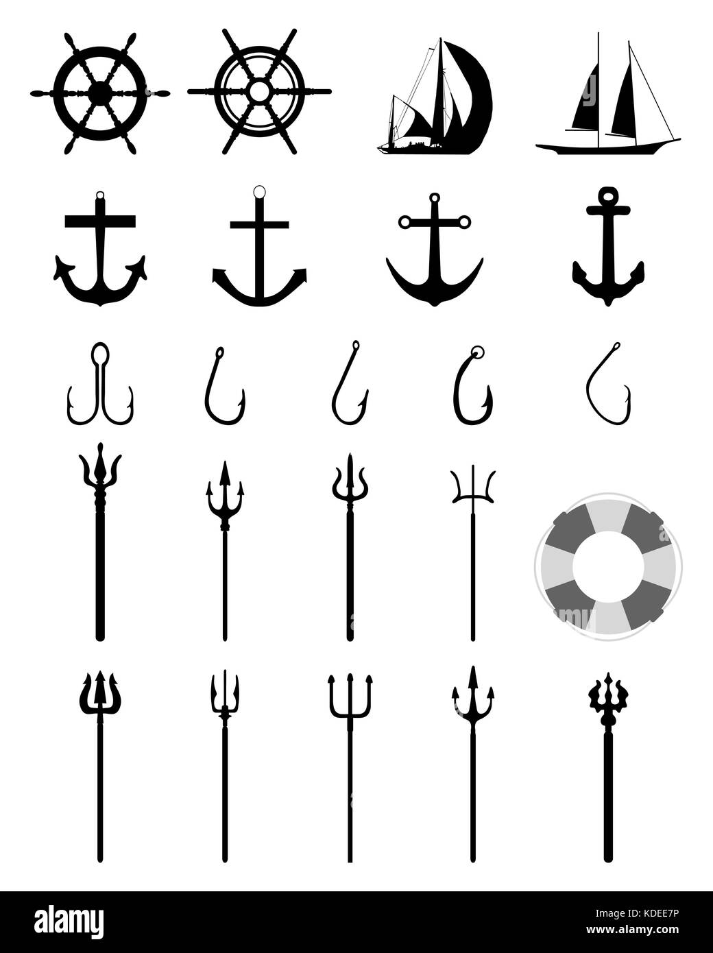 Set di icone nautiche isolate su sfondo nero Foto Stock