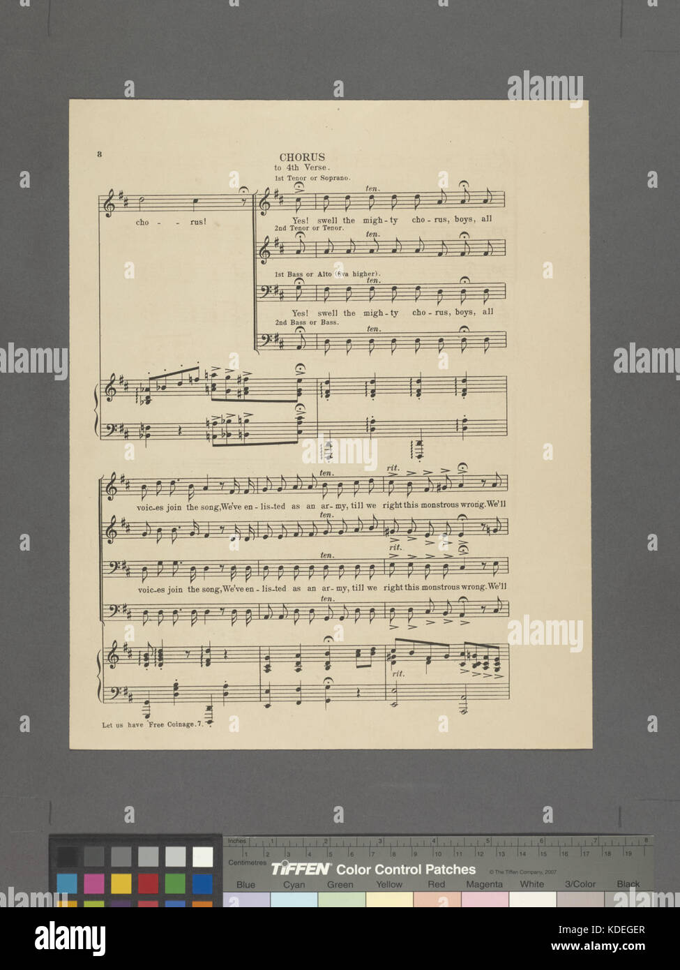 Questa immagine presenta lo slogan politico "Let Us have free coinage, boys at 16 to 1", che rappresenta il rapporto di monetazione argento/oro 16:1, sostenuto durante il movimento dell'argento libero alla fine del XIX secolo. Faceva parte del dibattito sulla politica monetaria durante gli anni '1890 Foto Stock