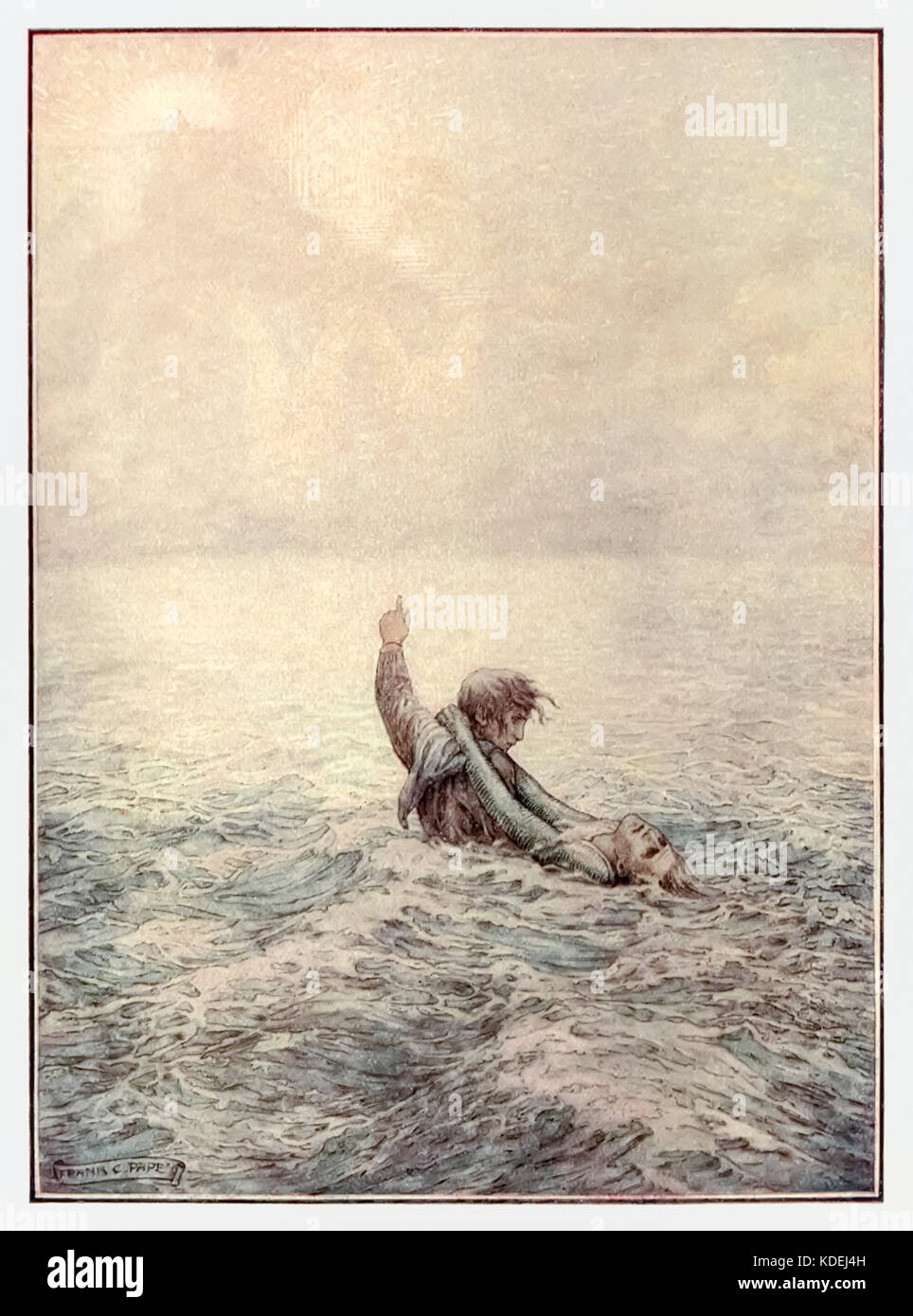 "Cristiano e speranzosi attraversando le acque della morte" da "Pilgrim's Progress" di John Bunyan (1628-1688). Illustrazione di Frank C. Papé (1878-1972). Vedere ulteriori informazioni qui di seguito. Foto Stock