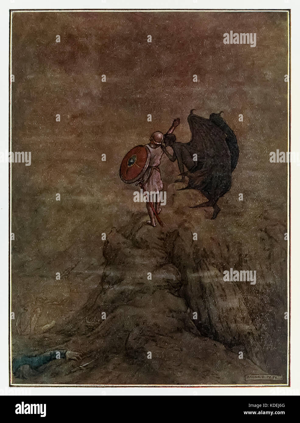 "Cristiano passa attraverso la Valle dell'ombra di morte" da "Pilgrim's Progress" di John Bunyan (1628-1688). Illustrazione di Frank C. Papé (1878-1972). Vedere ulteriori informazioni qui di seguito. Foto Stock