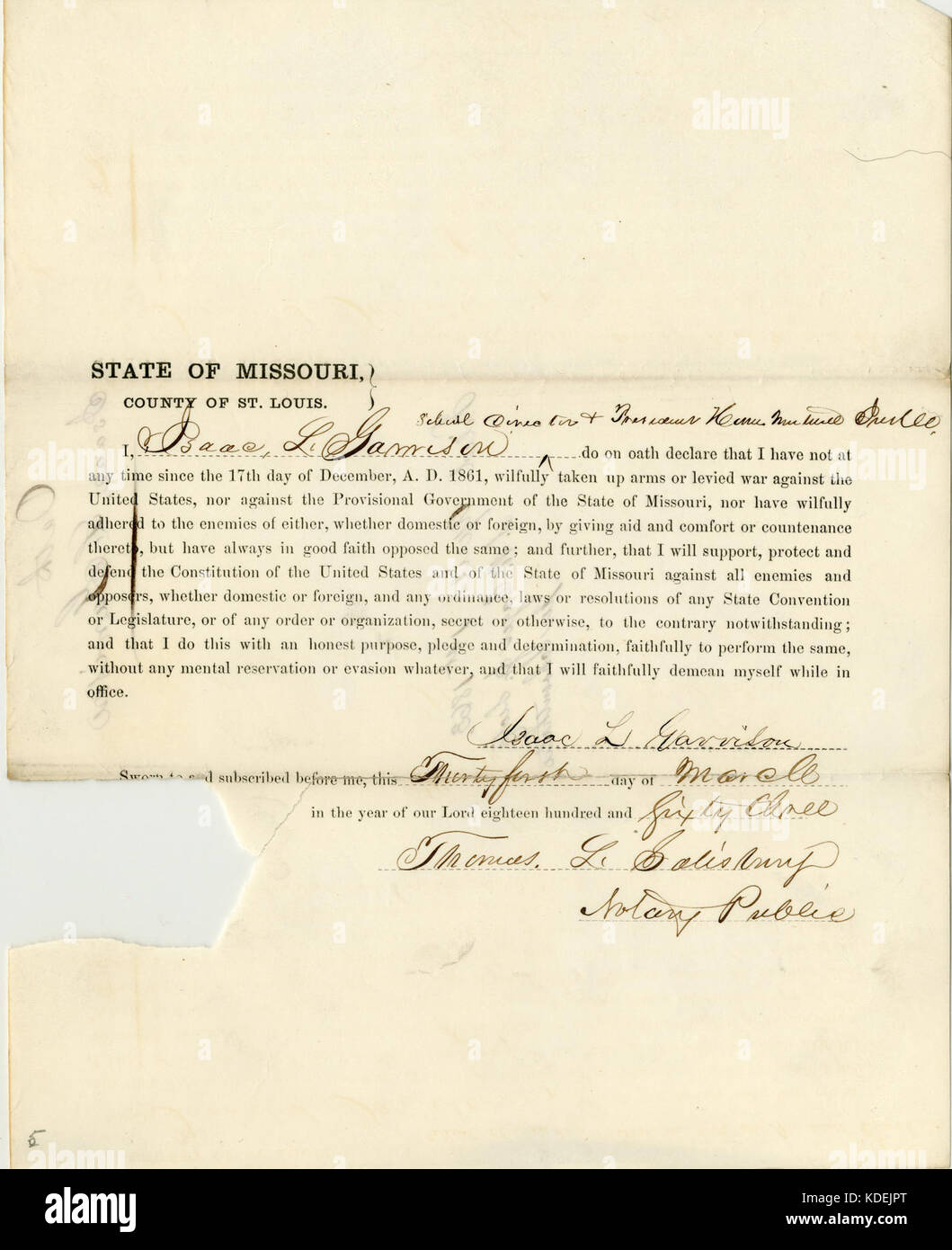 Giuramento di fedeltà di Isacco L. Garrison del Missouri, nella contea di San Luigi Foto Stock