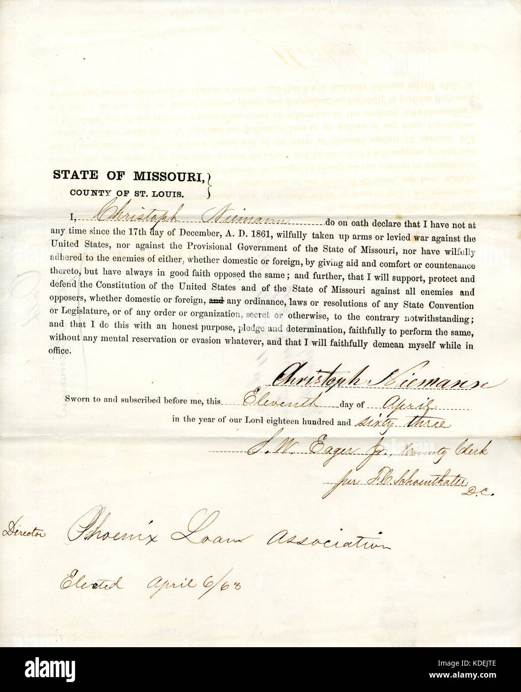 Giuramento di fedeltà di Christoph Niemann del Missouri, nella contea di San Luigi Foto Stock