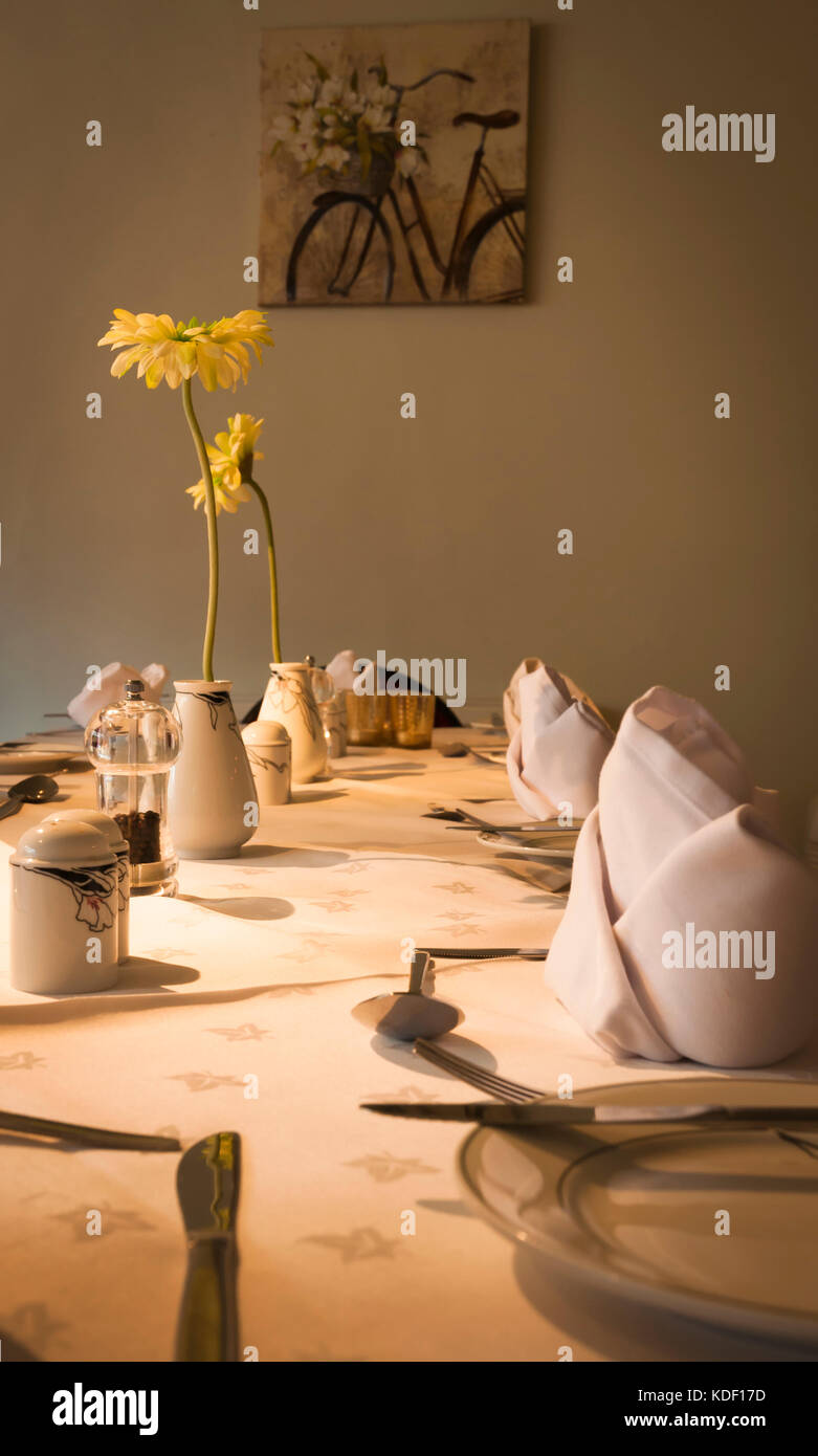 Fiori e inserire le impostazioni in uno stabilimento di mangiare, Lancashire, Inghilterra Foto Stock