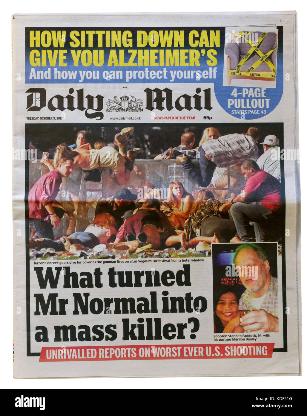 Quotidiano Daily Mail headline dopo il Las Vegas riprese di massa il 1 ottobre 2017 Foto Stock