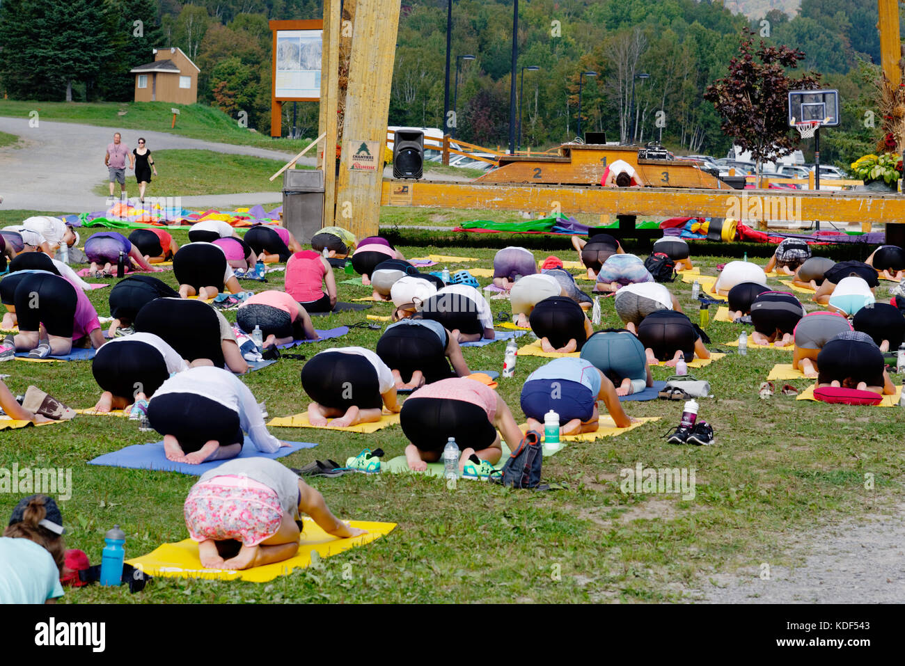 Un lo yoga classe a Monte Sainte Anne in Québec Canada Foto Stock