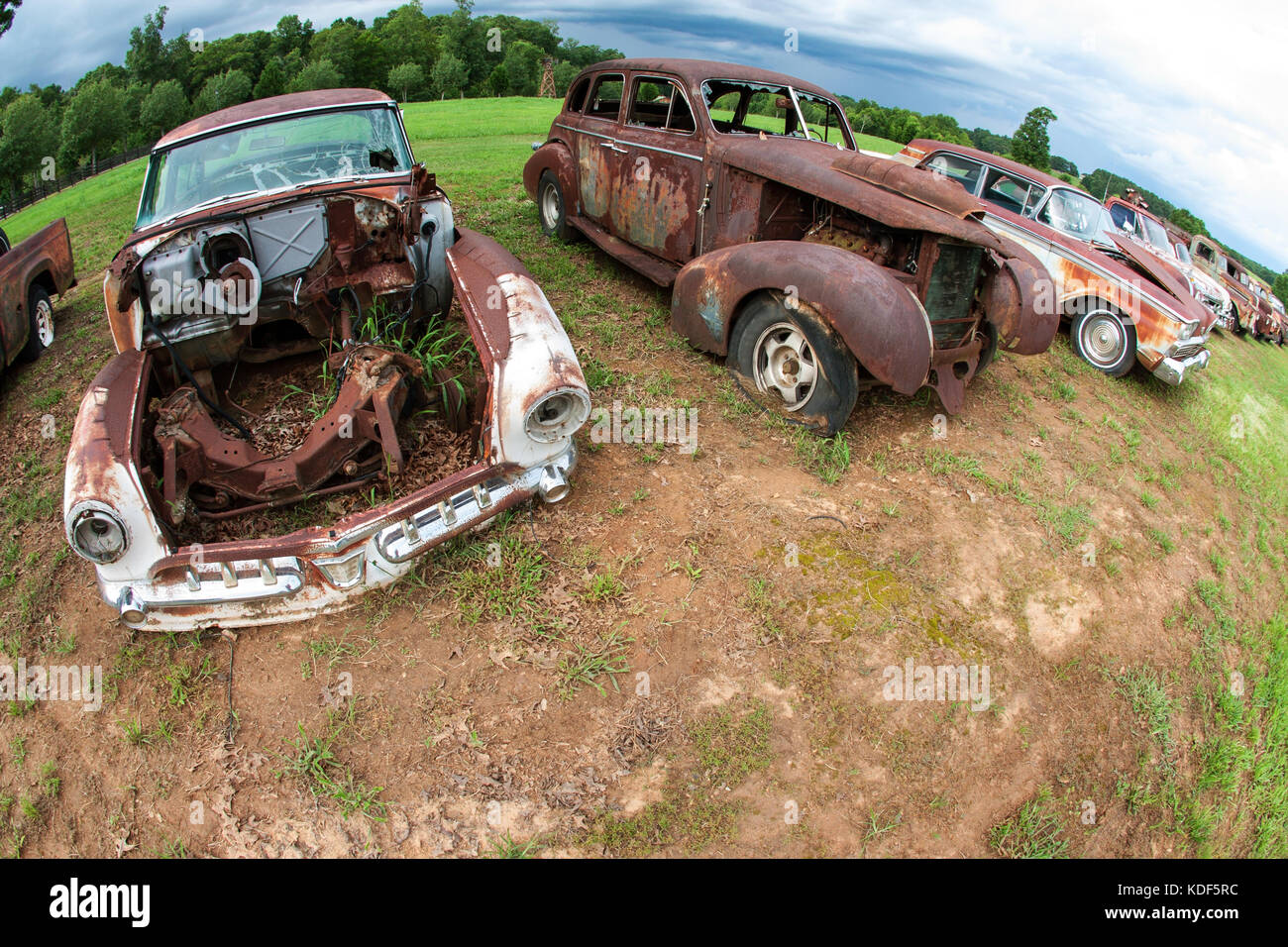 Arrugginita vecchi veicoli sit allineate in un auto junkyard Foto Stock