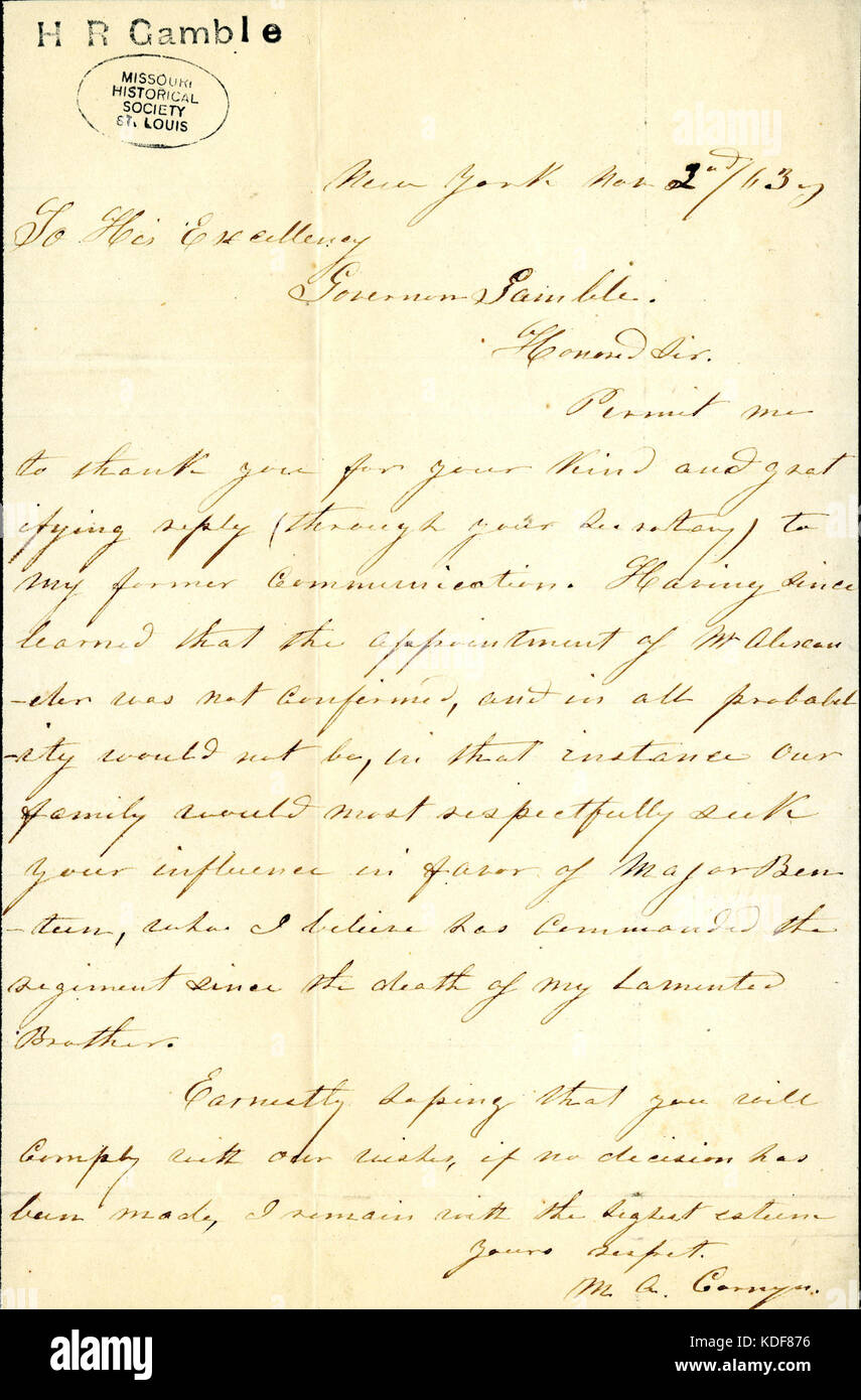 Lettera firmata M.A. Cornyn, New York, a Sua Eccellenza il Governatore Gamble (Hamilton R. Gamble), 2 novembre 1863 Foto Stock
