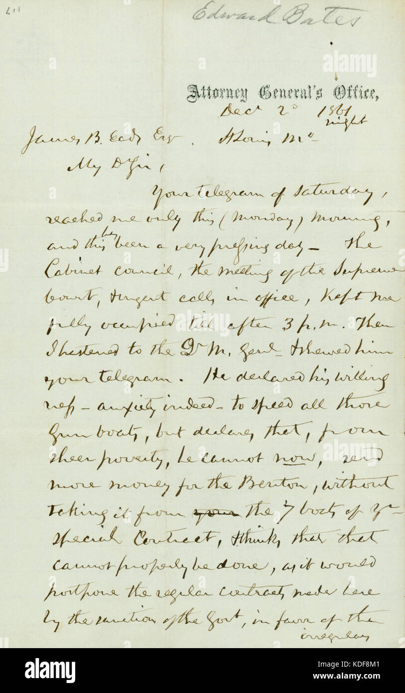 Lettera firmata Edward Bates, la Procura Generale, Jas. B. EADS (James B. EADS), 2 Dicembre 1861 Foto Stock