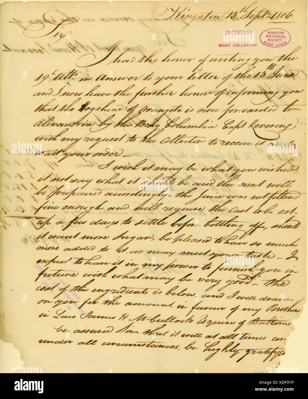 Lettera firmata Hugh Lennox, Kingston, di Thomas Jefferson, 13 Settembre 1806 Foto Stock