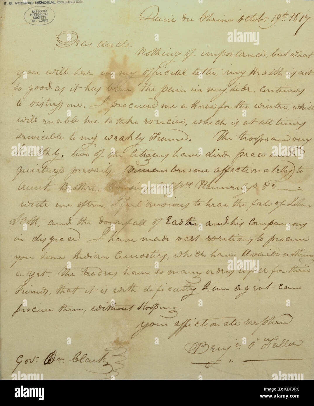 Lettera firmata Benjamin O'Fallon, Prairie du Chien, William Clark, 19 Ottobre 1817 Foto Stock