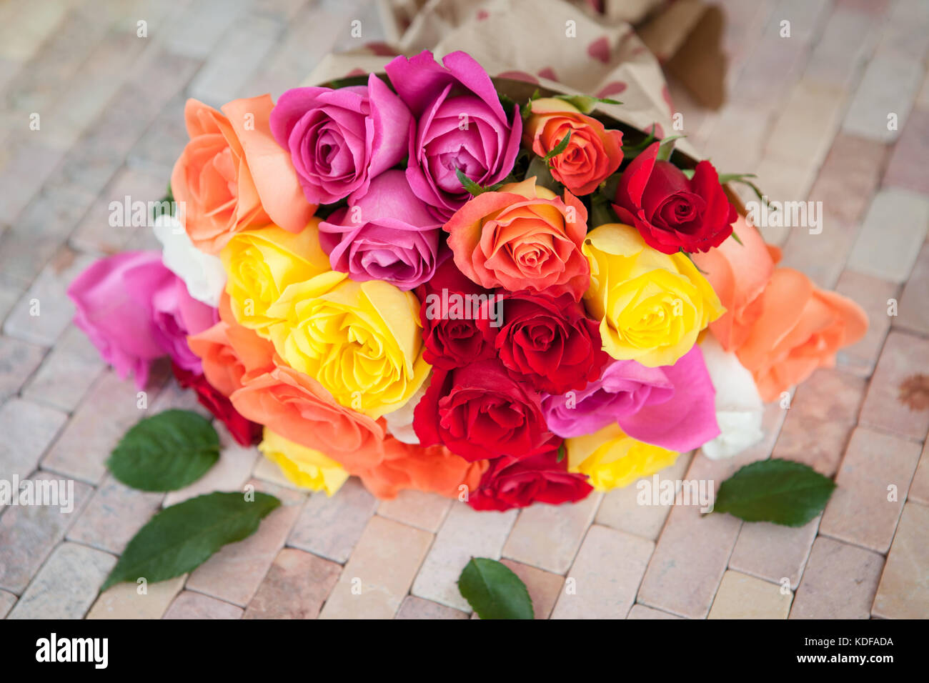 Frische bunte rosen auf rustikalem hintergrund aus Stein Foto Stock