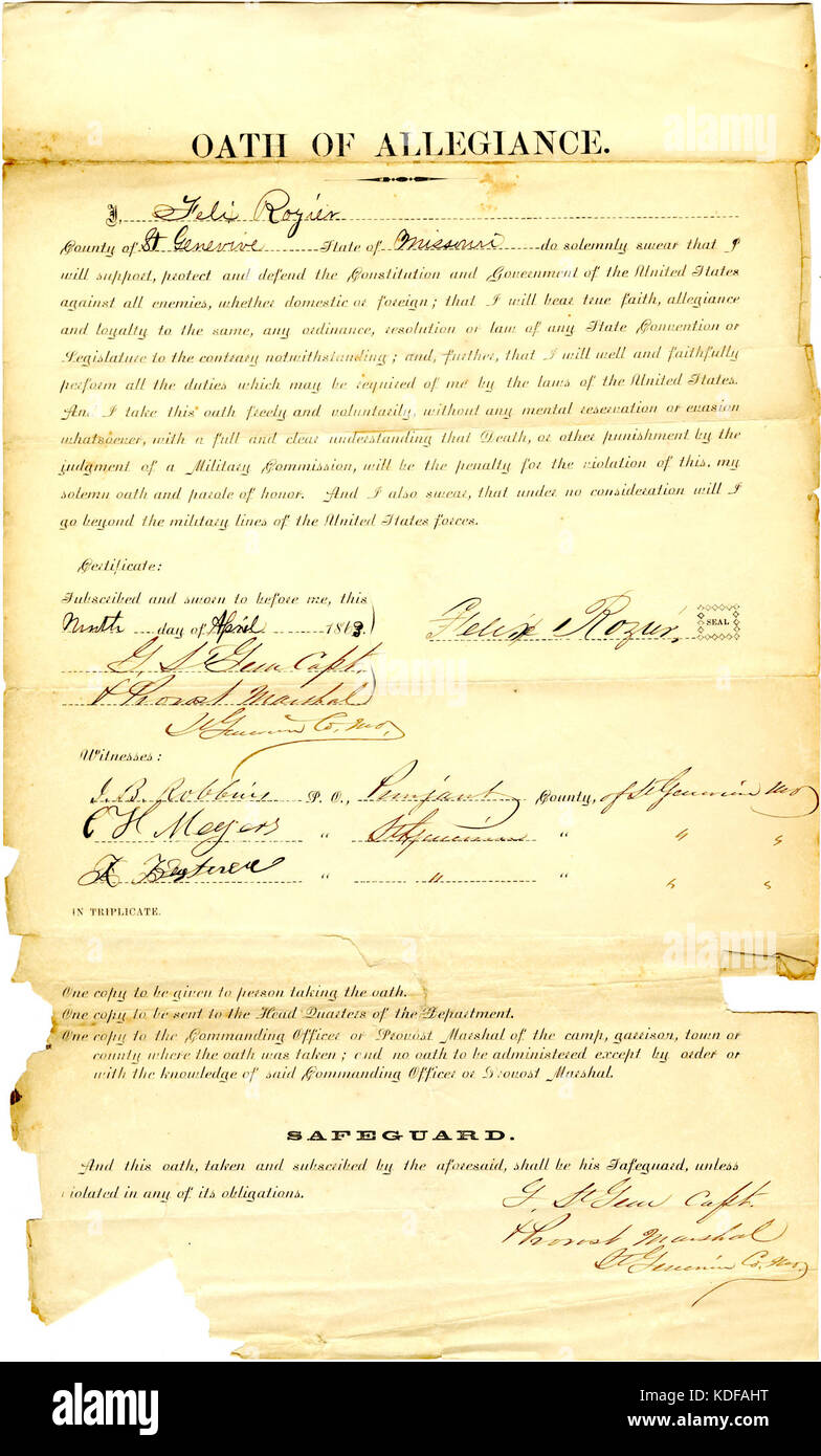 Giuramento di fedeltà di Felix Rozier, Ste. Genevieve, Missouri, Aprile 9, 1863 Foto Stock