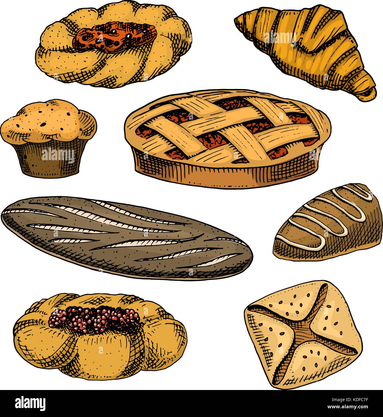 Pane e pasticceria ciambella, filone e torta di frutta. cupcake e dolce bun o croissant, muffin al cioccolato. incisi disegnati a mano nel vecchio disegno e stile vintage per etichetta menu e panificio. cibo biologico. Illustrazione Vettoriale