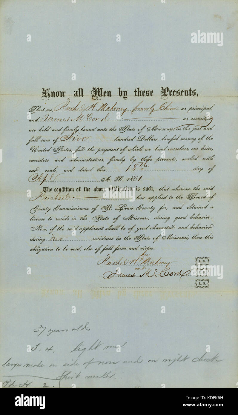 Rachel H. Mahoney, una volta nota come Rachel Chimm, era una figura storica coinvolta in un legame legato alla libertà degli afroamericani negli Stati Uniti. La sua storia mette in evidenza le lotte e i procedimenti legali che circondano l'emancipazione e le sfide affrontate dalle persone liberate durante l'era post-schiavitù. Foto Stock