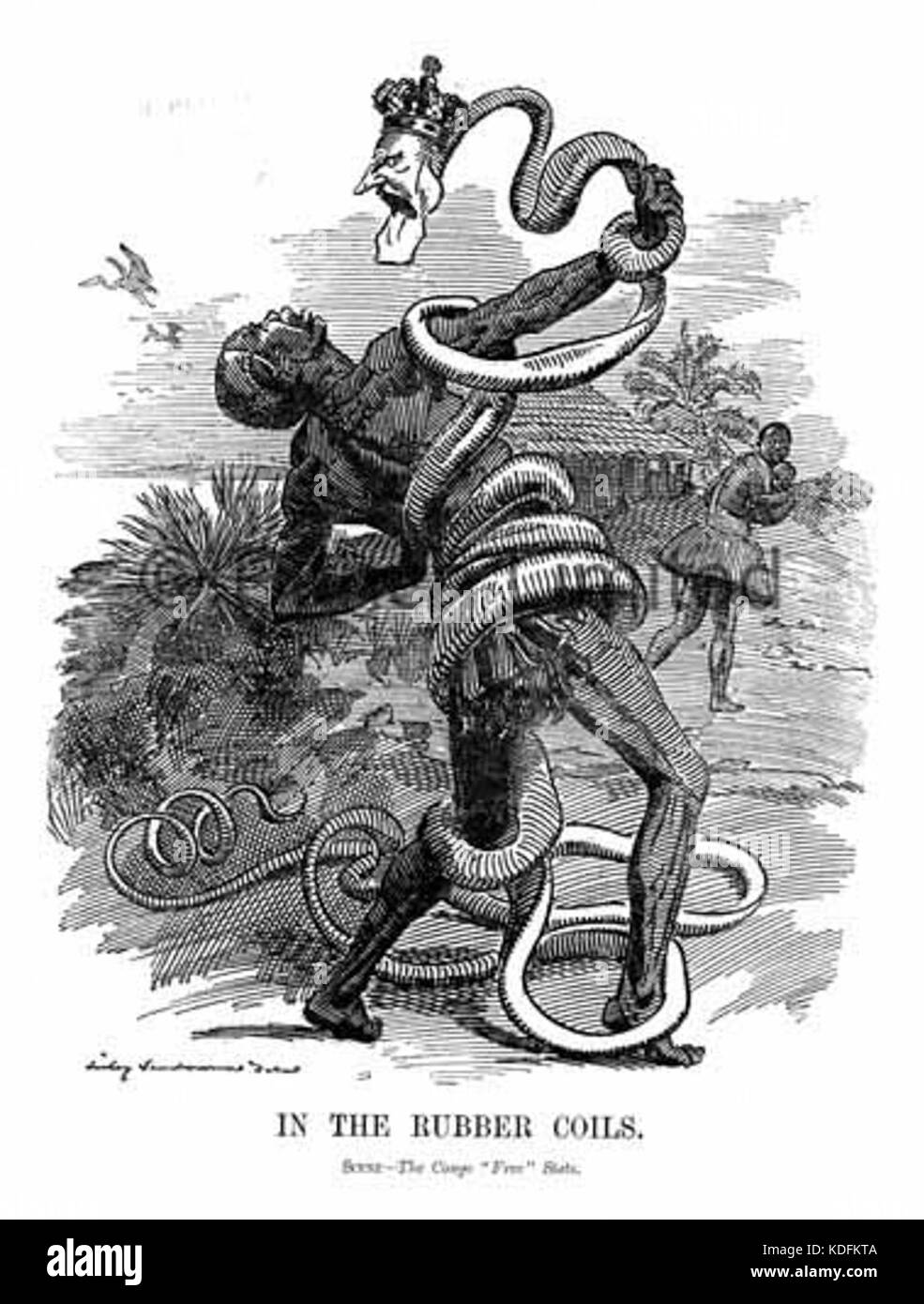Questo cartone animato della rivista Punch critica umoristicamente lo sfruttamento della gomma in Congo, evidenziando le pratiche coloniali e il loro impatto sulle popolazioni indigene e sull'economia. Si tratta di un commento critico sul colonialismo europeo e sul commercio della gomma in Africa. Foto Stock