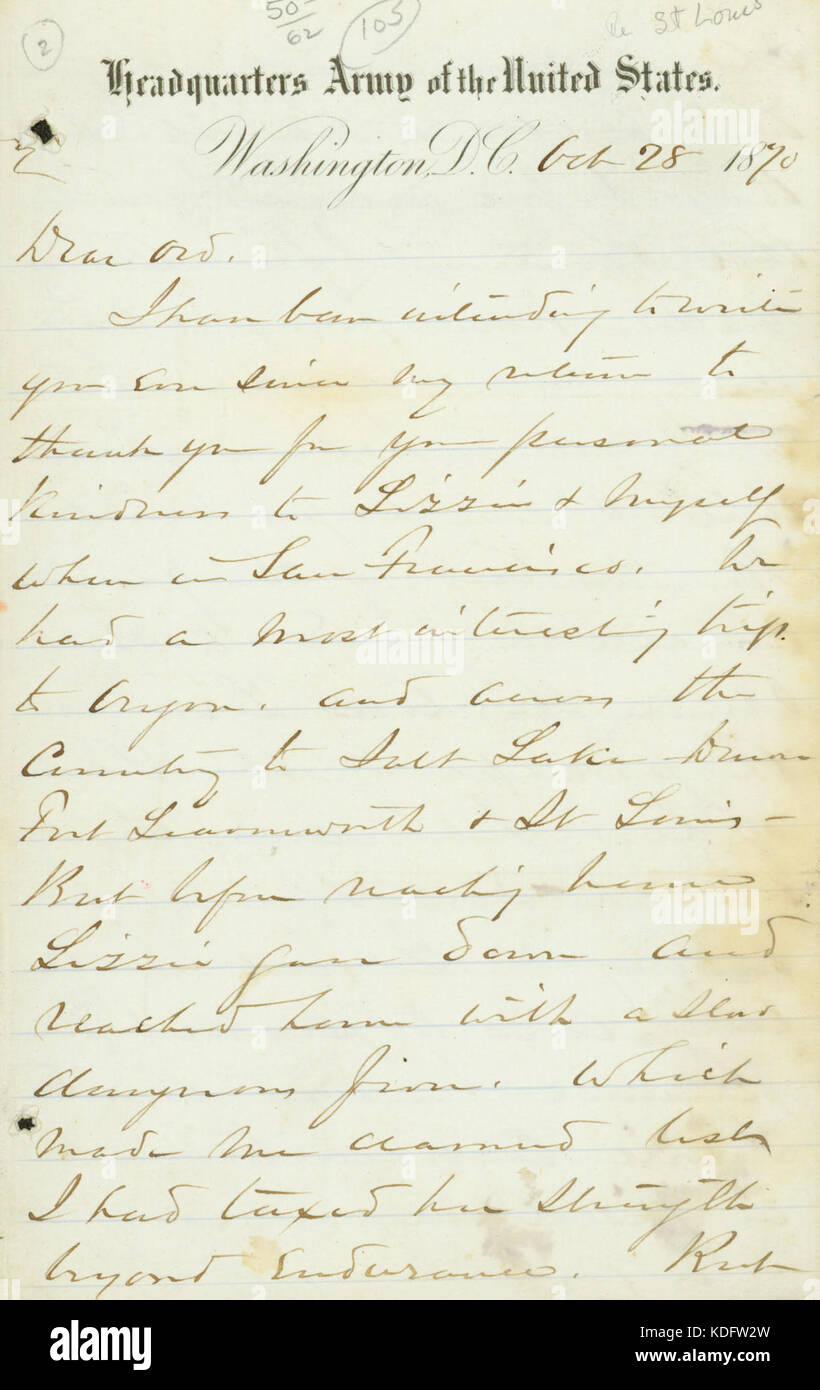 Lettera firmata W.T. Sherman, Washington, a E.O.C. Ord, 28 Ottobre 1870 Foto Stock