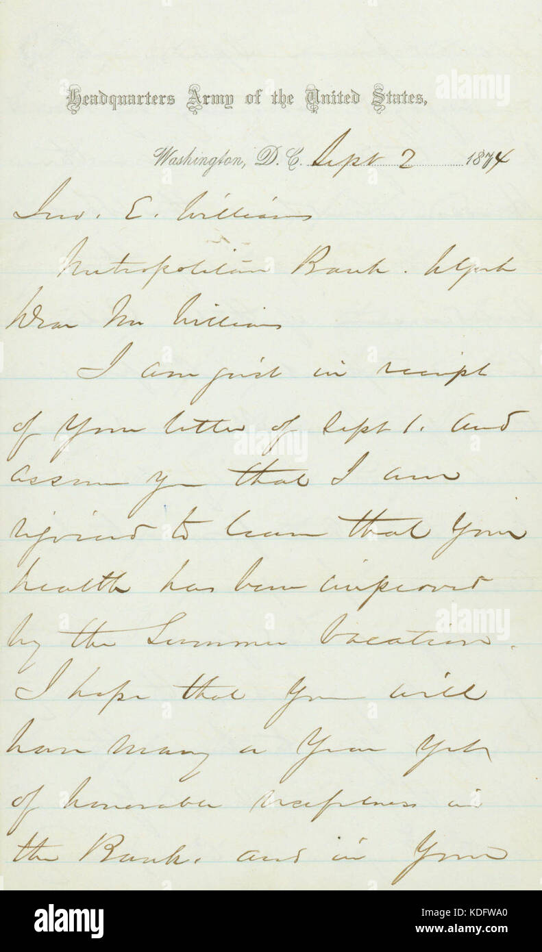 Lettera firmata W.T. Sherman, Washington, di John E. Williams, New York, 2 settembre 1874 Foto Stock Lettera firmata W.T. Sherman, Washington, di John E. Williams, New York, 2 settembre 1874 Foto Stock